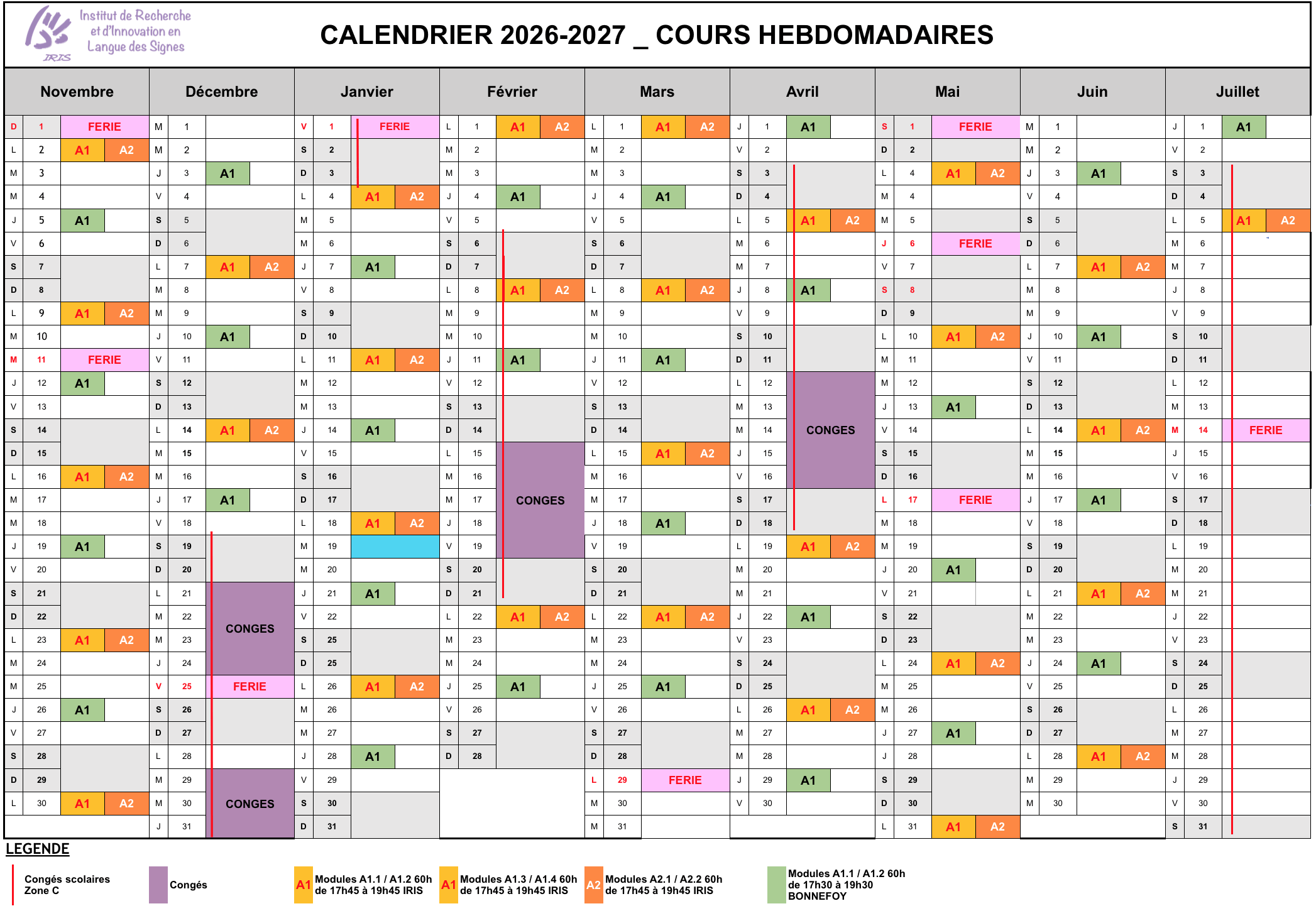 Calendrier des cours hebdomadaires